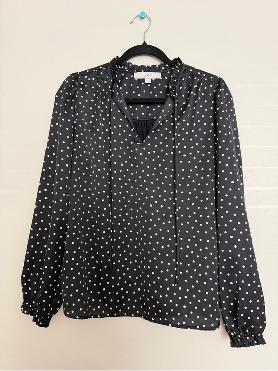 LOFT Tops - LOFT Black and White Polka Dot Ruffle-Neck Blouse